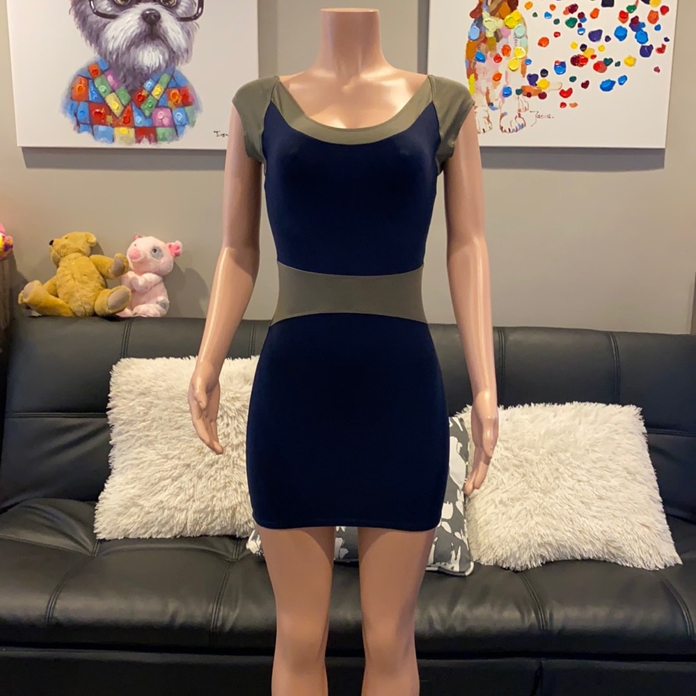David Lerner Miracle Dress Navy Olive Colorblock Bodycon Mini Dress